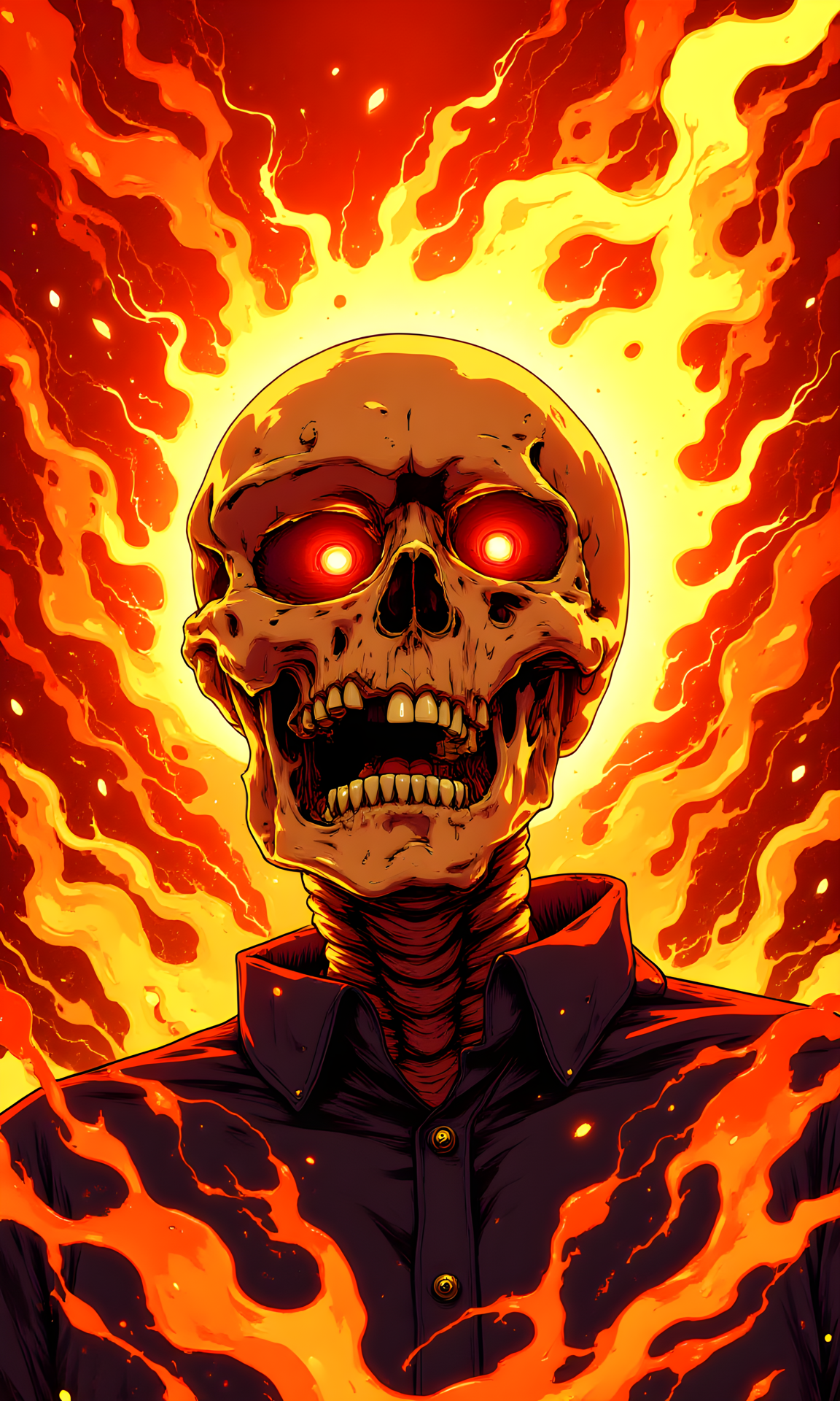 A surreal and abstract representation of a human skull. The skull is depicted in a highly stylized manner, with an open mouth showing teeth and an empty eye socket that adds to its haunting appearance. There are no women or human figures present in the image.
Since the subject is a skull, there is no traditional facial expression. However, the open mouth and the positioning of the teeth give an impression of a silent scream or a grimace, adding a sense of intensity and emotion to the piece.
The skull is positioned upright, facing slightly to the right. It appears to be emerging from a mass of swirling, fiery flames that envelop it, creating a dynamic and dramatic pose.
There are no clothes on the skull itself. However, at the bottom of the image, there is a hint of dark fabric, possibly a shirt or cloak, which suggests that the skull might be part of a larger figure or entity.
The camera position seems to be frontal, capturing the skull head-on. The angle is slightly elevated, looking down at the skull, which enhances the imposing and eerie nature of the subject.
The lighting in the image is intense and dramatic, with a strong emphasis on warm, fiery tones. The light appears to be coming from within the flames, casting bright highlights on the skull and creating deep shadows that accentuate its features. The interplay of light and shadow adds depth and dimension to the image.
The background is dominated by swirling, fiery flames in shades of orange, red, and yellow. These flames create a chaotic and intense atmosphere, almost as if the skull is engulfed in a inferno. The flames have a fluid, almost liquid-like quality, with intricate patterns and textures that add to the overall complexity of the image.
The composition is centered around the skull, with the flames radiating outward from it. The skull is placed slightly off-center, drawing the viewer's attention to its open mouth and empty eye socket. The use of vibrant colors and dynamic lines creates a sense of movement and energy, making the image visually striking and engaging. The overall composition is balanced yet dynamic, with the skull as the focal point and the flames providing a powerful backdrop.
BREAK j_art, <lora:FLUX\jul\J_Anime:1.0>, <lora:FLUX\RetroAnimeS1.1:0.0>, <lora:FLUX\GLSHS:0.0>, <lora:FLUX\Dieselpunk Delight - s0_9 g4:0.0>