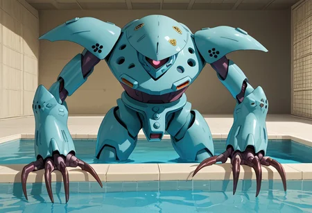 score_9, score_8_up, score_7_up, source_anime, front view, BREAK, ( hygogg, blue_hygogg_armor, pink monoeye, looking at viewer, leaning forward, long arms, very long arms, claw on edge of tub, long claws) 1mech, wide mech, large shoulders, large shoulder armor, mech focus, solo, BREAK, hygogg in pool, in water, body submerged, Poolrooms, Liminal Space, wide shot, distant,