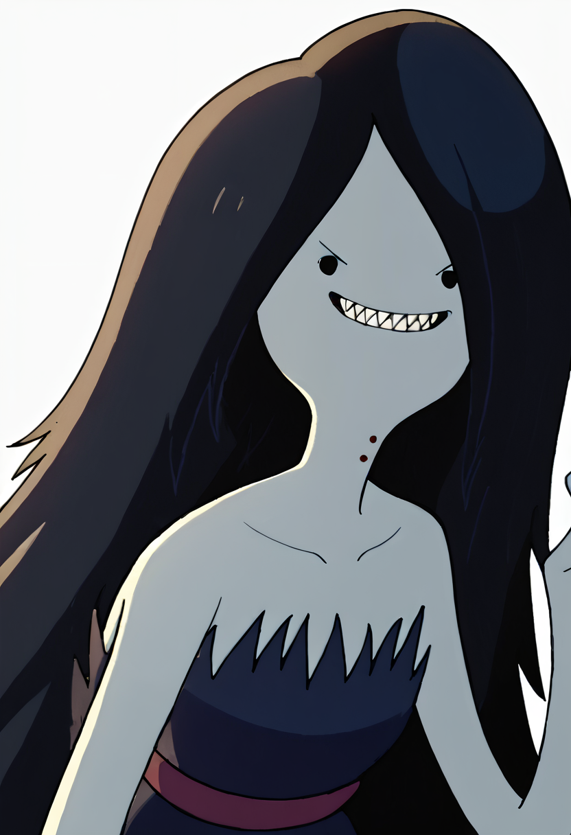 marceline, 1girl, fangs, long hair, black hair, dress, very long hair, , solo, black eyes, bite mark, solid circle eyes,sharp teeth, smile, grey skin, vampire, night,,  <lora:MarcelinePony1.1:1>, score_9, score_8_up, score_7_up, score_6_up, score_5_up, score_4_up, looking at viewer,portrait, upper body, face,close up,white background,