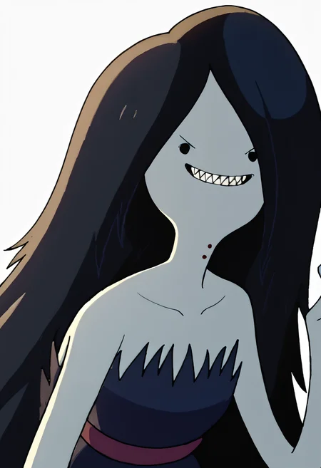 marceline, 1girl, fangs, long hair, black hair, dress, very long hair, , solo, black eyes, bite mark, solid circle eyes,sharp teeth, smile, grey skin, vampire, night,, <lora:MarcelinePony1.1:1>, score_9, score_8_up, score_7_up, score_6_up, score_5_up, score_4_up, looking at viewer,portrait, upper body, face,close up,white background,