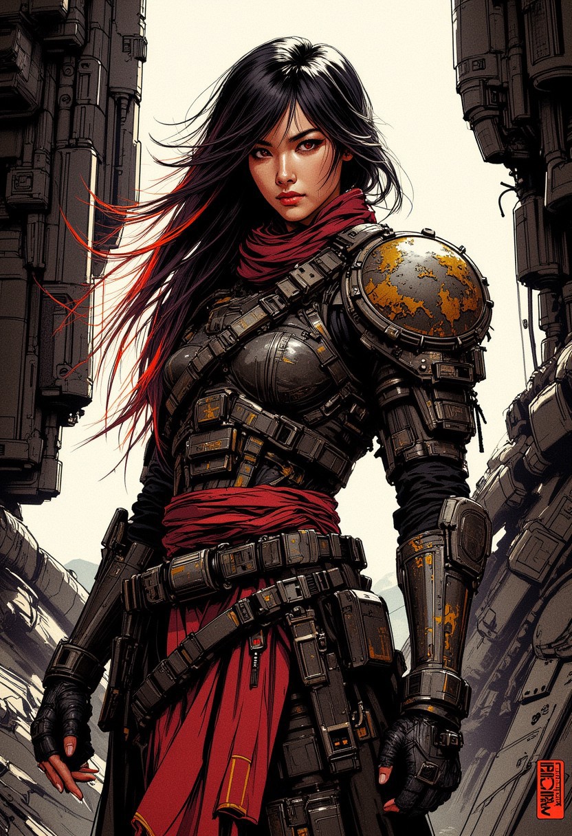 inksketch, stunning oriental female space pirate, messy multicoloured hair, weathered and worn power armour, standing on a spaceship command deck, silhouetted, chiascuro