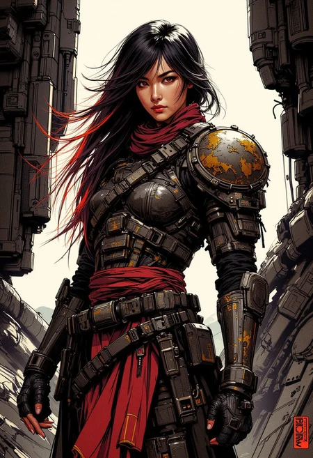 inksketch, stunning oriental female space pirate, messy multicoloured hair, weathered and worn power armour, standing on a spaceship command deck, silhouetted, chiascuro