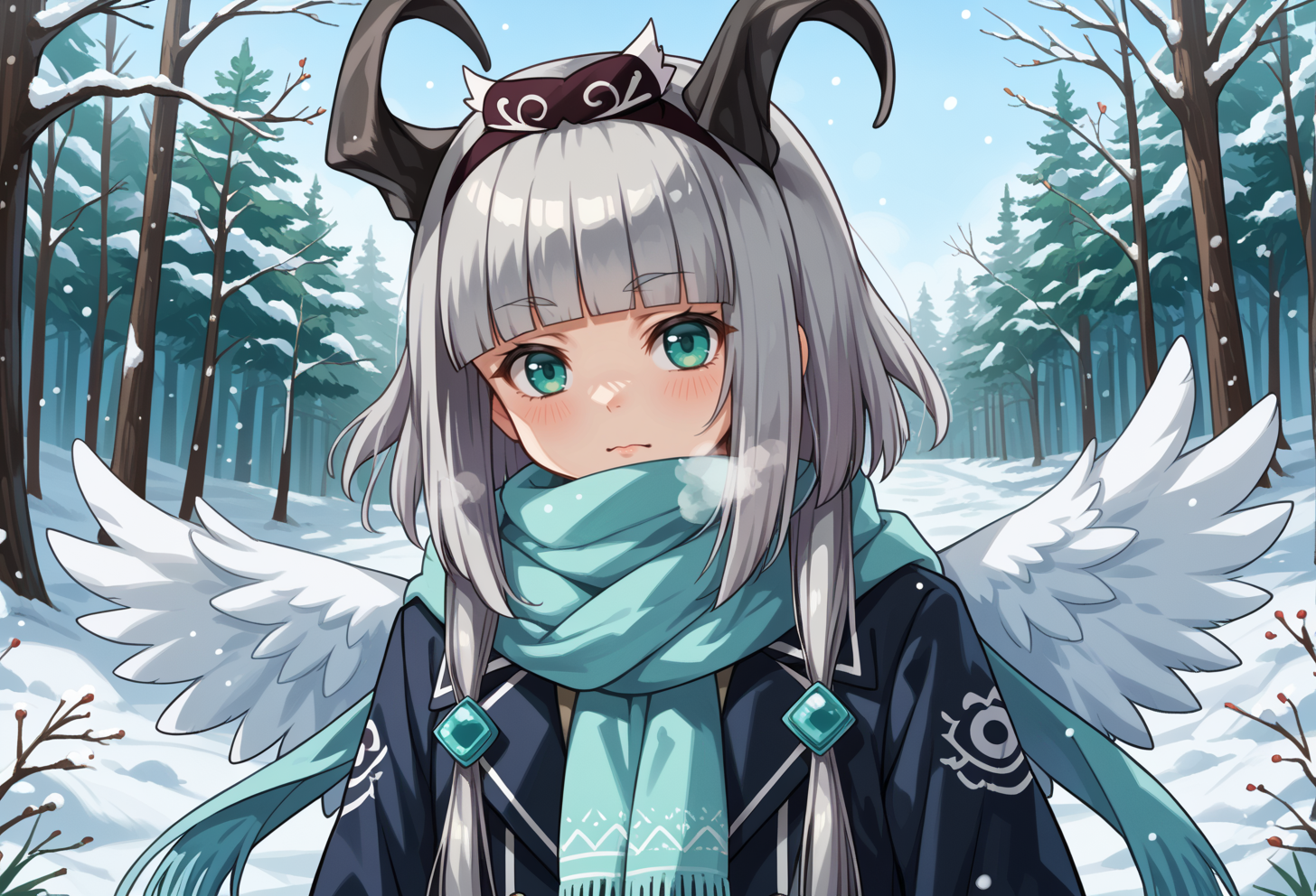 score_9, score_7_up, source_anime, BREAK solo, <lora:AEVentuswill (2):0.8>  AEVentuswillHu, teal eyes, grey hair, blunt bangs, short hair with long locks, black horns, tail, White wings, hairband, scarf, jacket, winter, snow, breath,