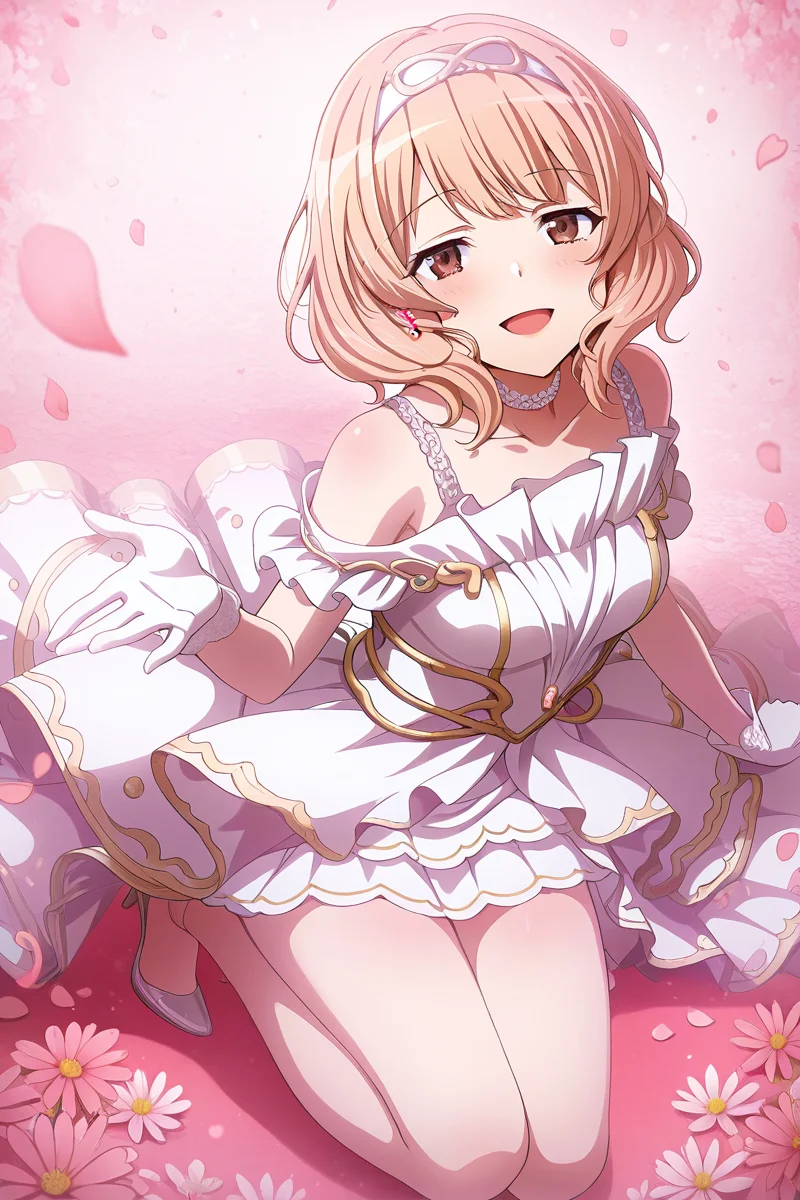 masterpiece, best quality, amazing quality,
<lora:Yuyuko_IL:1> yuyuko, 1girl, dress, solo, flower, blonde hair, brown eyes, gloves, blush, looking at viewer, hairband, petals, smile, open mouth, white gloves, braid, white dress, jewelry, bangs, collarbone, high heels, layered dress, sleeveless