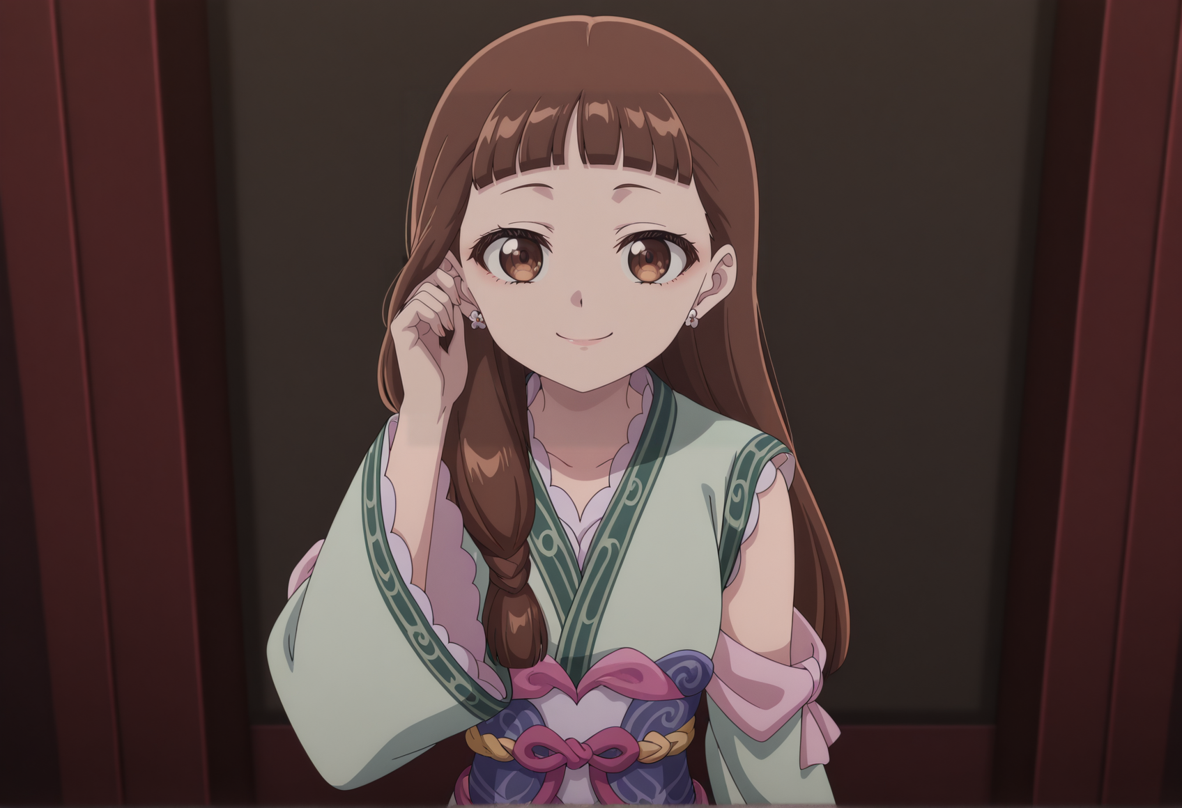 anime screenshot,  anime screencap, anime coloring, 1girl, blunt bangs, long hair, brown hair, brown eyes, earrings, tied hair, single sidelock, chinese clothes, green dress, detached sleeves, wide sleeves, sash, red skirt, hand on hair, smile <lora:Lymsleia_illustrious_v2:1><lora:lishu_kusuriya_v2:1> looking at viewer,, masterpiece, best quality, amazing quality, very aesthetic, absurdres, highres, newest