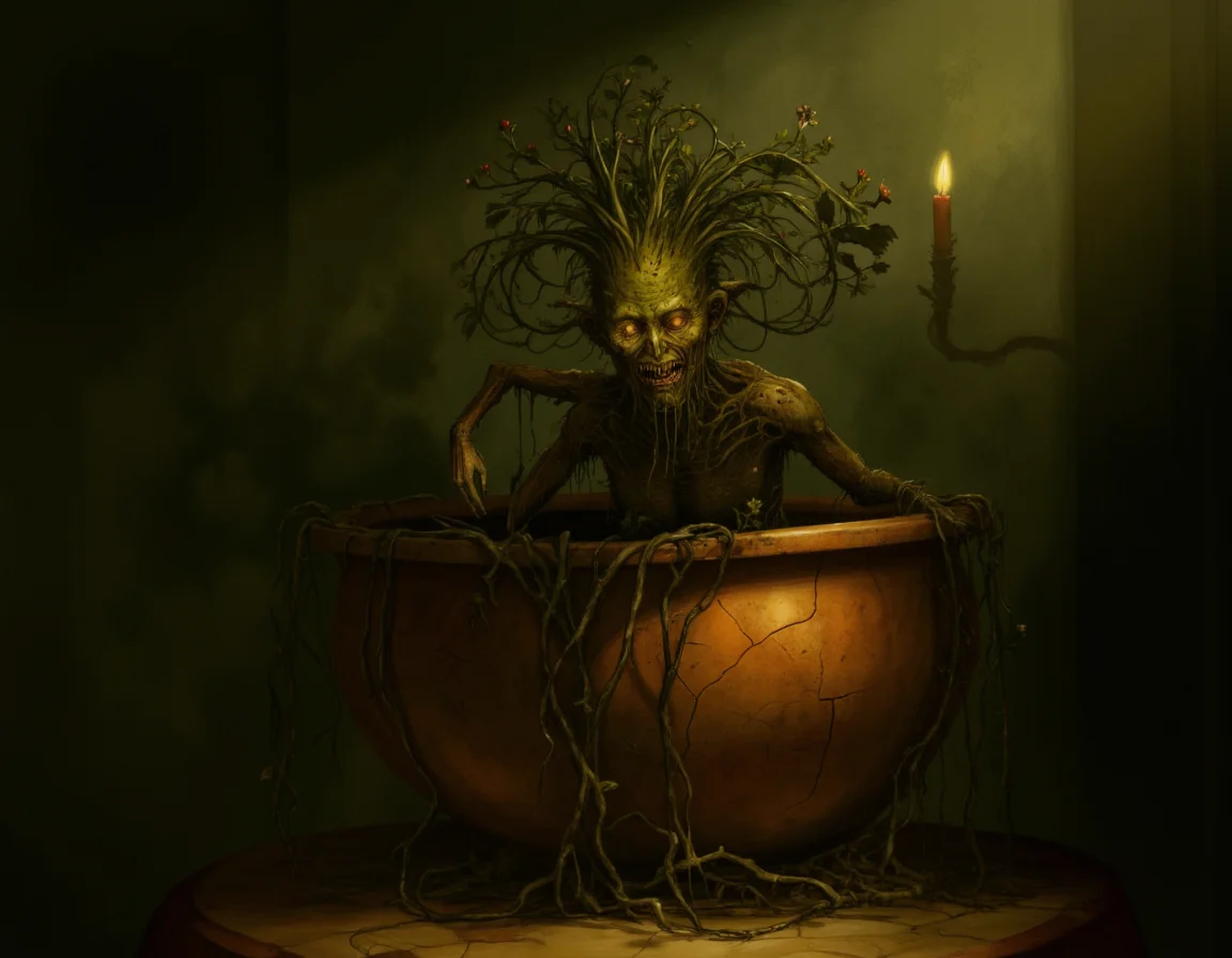 <lora:Oddart:0.6> oddart, A hauntingly surreal illustration of a half-human, half-plant creature emerging from a large, worn, terracotta pot, set against a dimly lit, eerie background that evokes a sense of foreboding and unease. The creature's skin is a mossy green, with visible pores and fine, hair-like tendrils sprouting from its arms and torso, blending seamlessly into the leaves and vines that wrap around its body. Its hair is a wild tangle of ivy and ferns, with small, delicate flowers blooming in its locks. The creature's eyes are an unsettling yellow, with vertical pupils that seem to glow in the faint, flickering candlelight that illuminates the scene. Its facial expression is a twisted, inhuman grimace, with leaves and petals sprouting from its mouth and nose. The pot is old and cracked, with roots and vines spilling out over the edges, as if the creature is slowly bursting free from its container. The background is a dark, muted green, with hints of mist and fog swirling around the base of the pot, casting long, ominous shadows on the surrounding walls. The lighting is warm and golden, but also faintly unsettling, as if it's being filtered through a layer of decaying vegetation. The overall mood is one of creepy, otherworldly horror, as if the creature is a monstrous, plant-like abomination that's slowly coming to life. The image features a shallow depth of field, focusing sharply on the creature's twisted, inhuman face while softly blurring the background, with a texture that's hyper-detailed and slightly grainy, like a old, faded photograph. . 35mm photograph, film, bokeh, professional, 4k, highly detailed