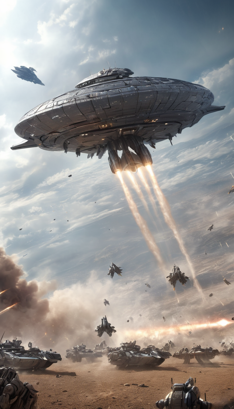 Cinematic scene, hero view, majestic spaceship hovering over a battlefield, action pose, detailed background, masterpiece, best quality, high quality, absurdres, 3d <lora:3d_xl_v3:1>