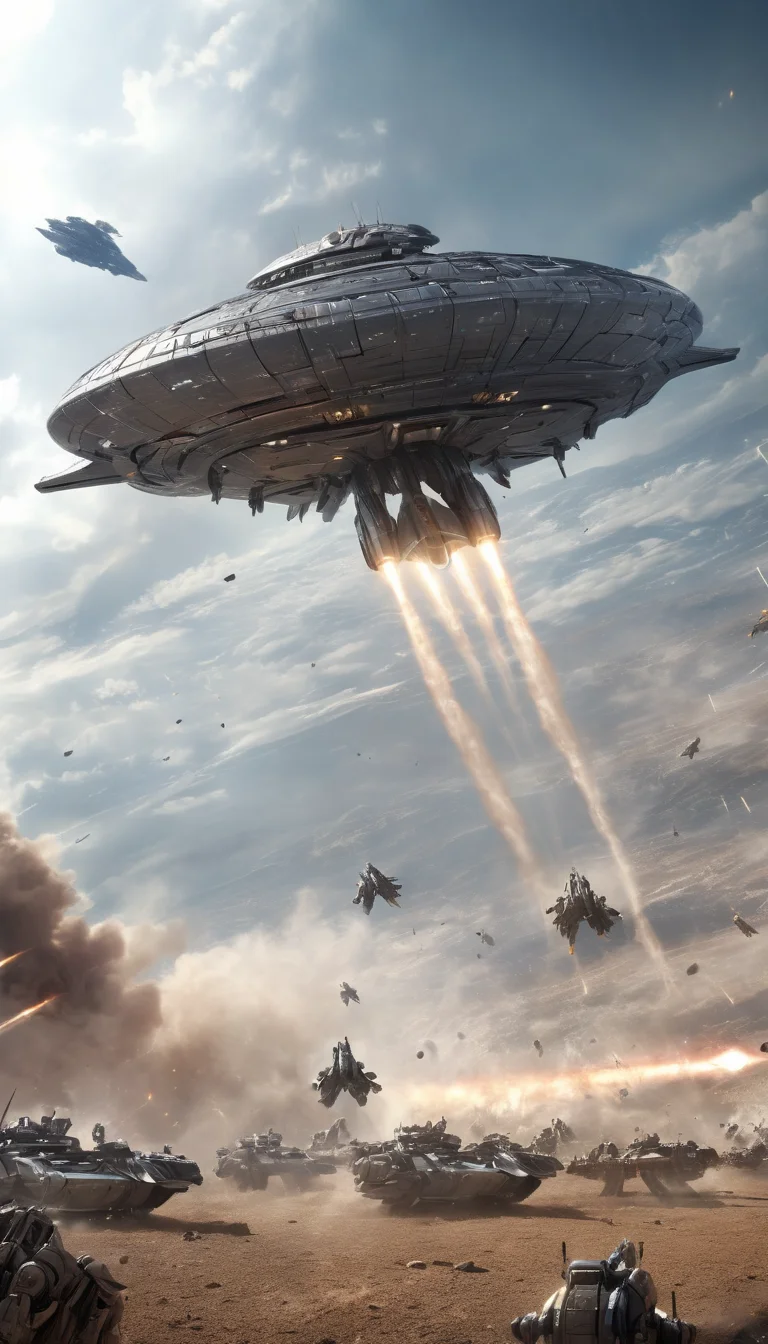 Cinematic scene, hero view, majestic spaceship hovering over a battlefield, action pose, detailed background, masterpiece, best quality, high quality, absurdres, 3d <lora:3d_xl_v3:1>