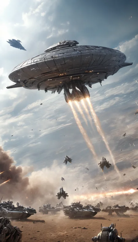 Cinematic scene, hero view, majestic spaceship hovering over a battlefield, action pose, detailed background, masterpiece, best quality, high quality, absurdres, 3d <lora:3d_xl_v3:1>