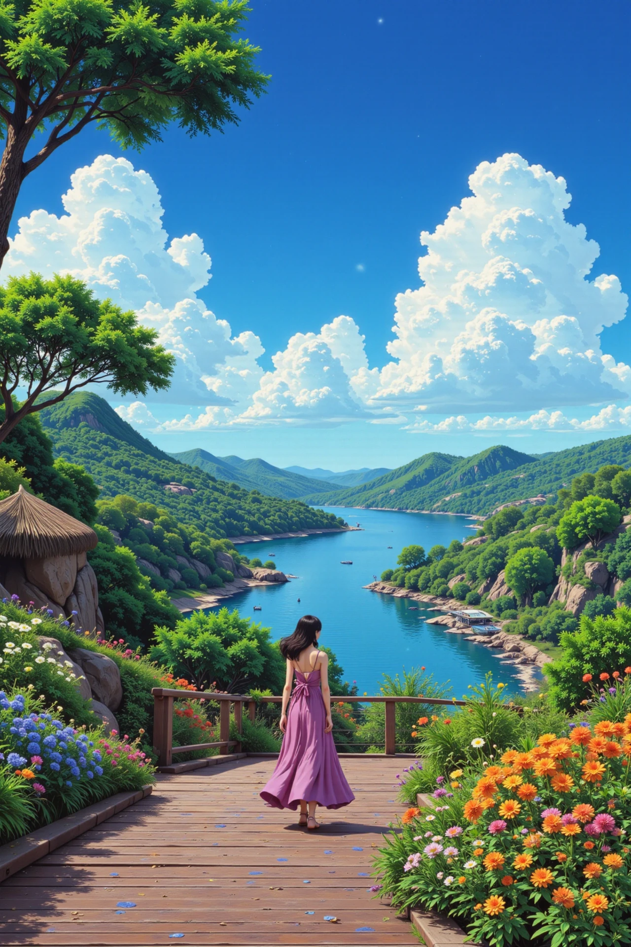boardwalk beautiful  landscape, day, woman, very intricate, very detailed, sharp, bright, colorful, <lora:Hand v2:0.5> <lora:Anti-Blur:1><lora:Insane Detail Slider:0.25>  <lora:flux.1_lora_flyway_Epic-detail_v2:0.3> <lora:fluxenhancer:0.25> <lora:90s-anime:1> retro anime, 77oussam 90s, studio ghibli style, 1990s anime