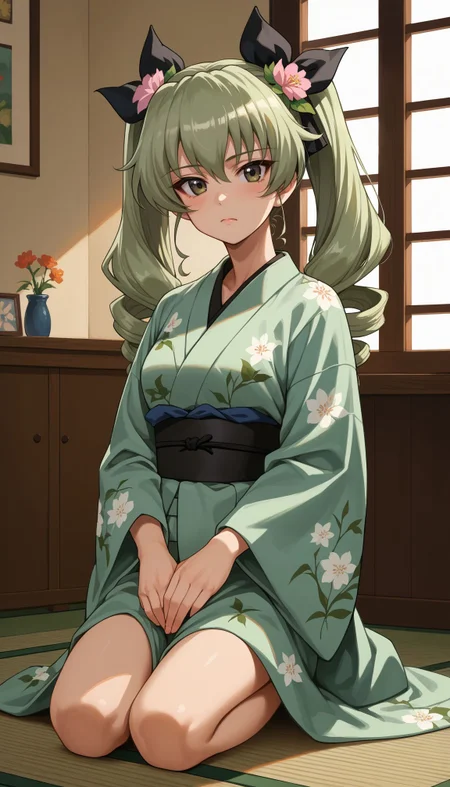score_9, score_8_up, score_7_up, source_anime,
<lora:Anchovy:0.8>,, , anchovy (girls und panzer),green hair, long hair, twin drills, bangs, hair ribbon, indoors, kimono, hair flower, floral print, wariza, kneeling