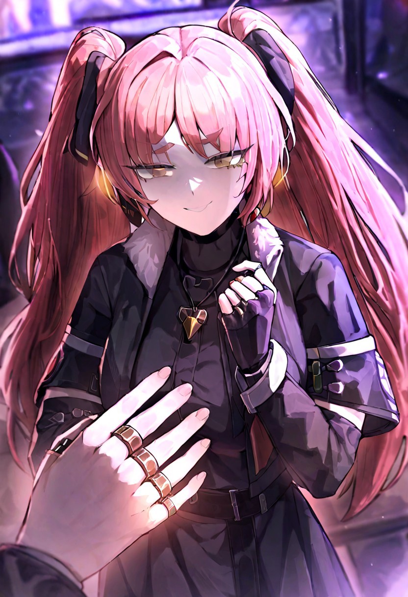 solo, ((Nicole_Demara)) \(project moon\), (masterpiece, best quality, detailed), nicole demara, black dress, black coat, open coat, ring, multiple rings, fur trim, jewerly, pov close, cold smile without emotions, pink hair, twintails