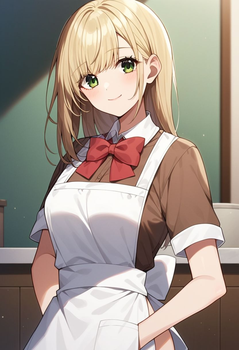 score_9, score_8_up, score_7_up, score_6_up, score_5_up, score_4_up,noel izumi, blonde hair, green eyes, 1girl, solo, long hair, apron, bow, red bow, looking at viewer, smile, short sleeves, shirt, indoors, brown shirt, bowtie, closed mouth