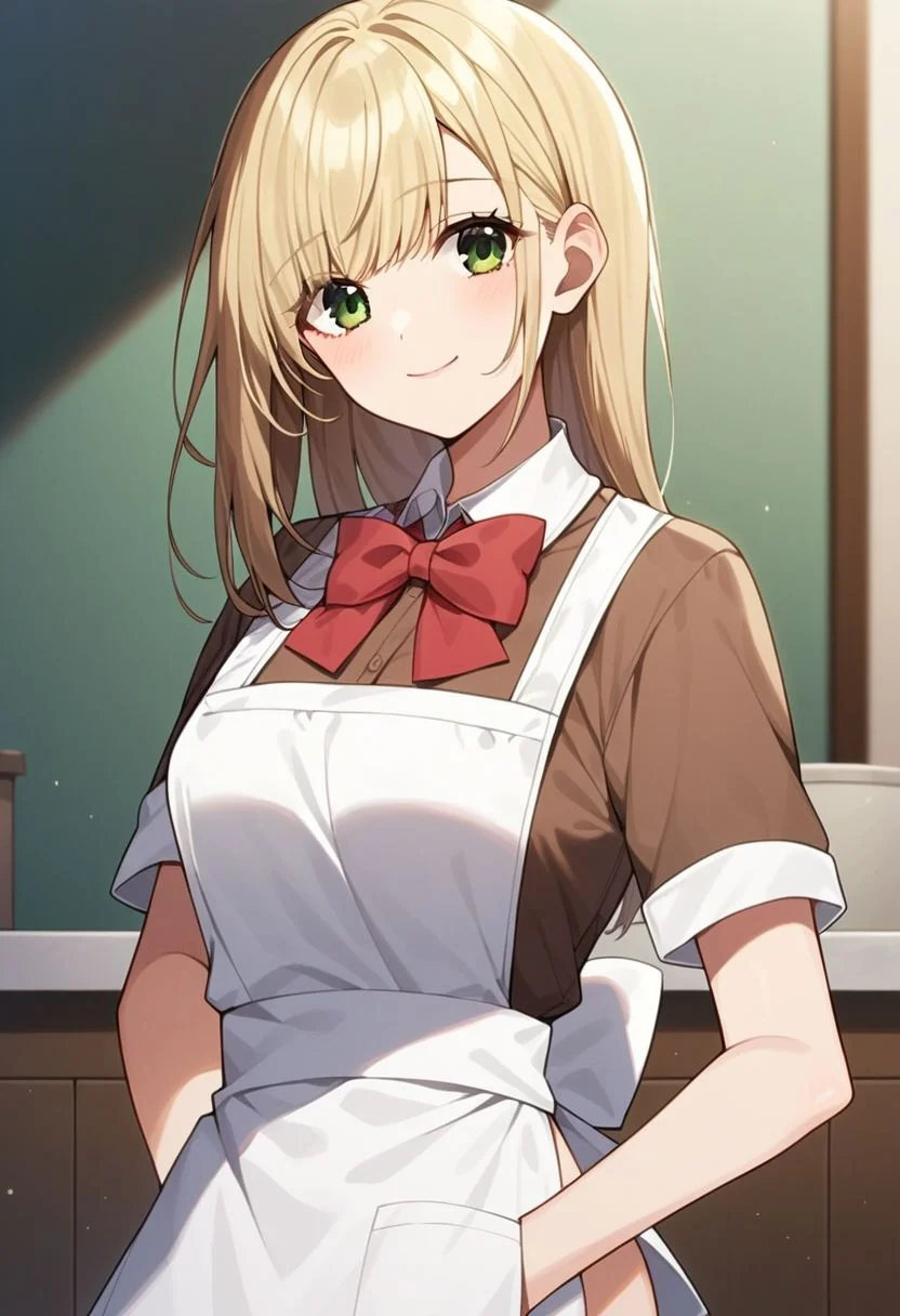 score_9, score_8_up, score_7_up, score_6_up, score_5_up, score_4_up,noel izumi, blonde hair, green eyes, 1girl, solo, long hair, apron, bow, red bow, looking at viewer, smile, short sleeves, shirt, indoors, brown shirt, bowtie, closed mouth