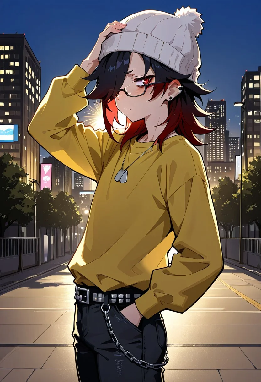 (masterpiece, best quality:1.3),1boy:otoko no ko, flat chest, black hair,red eyes,hair over one eye, red tips,ear piercing,glasses,medium hair,bags under eyes,
white beanie,yellow shirt,long sleeves,dog tags,black jeans,chain belt,
standing,annoyed,looking at viewer,hand on pocket,hand over head,from side,
outdoors,city,(rim lighting,volumetric shadows:1.1)
