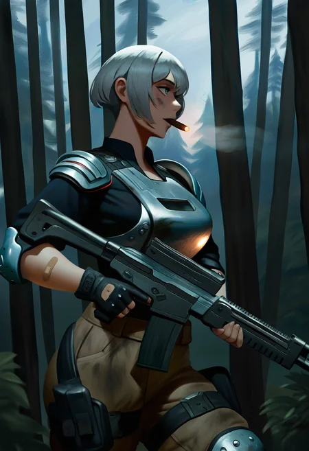 1girl, bra-peek very-short-hair, grey-hair cigar, futuristic breastplate, khakis, knee-pads, shoulder-pads, dirty, fingerless-gloves, holding-assault-rifle, cowboy-shot, forest, masterpiece, best quality, newest, absurdres, highres <segment:hand//cid=11>masterpiece, best quality, newest, absurdres, highres, bandaid