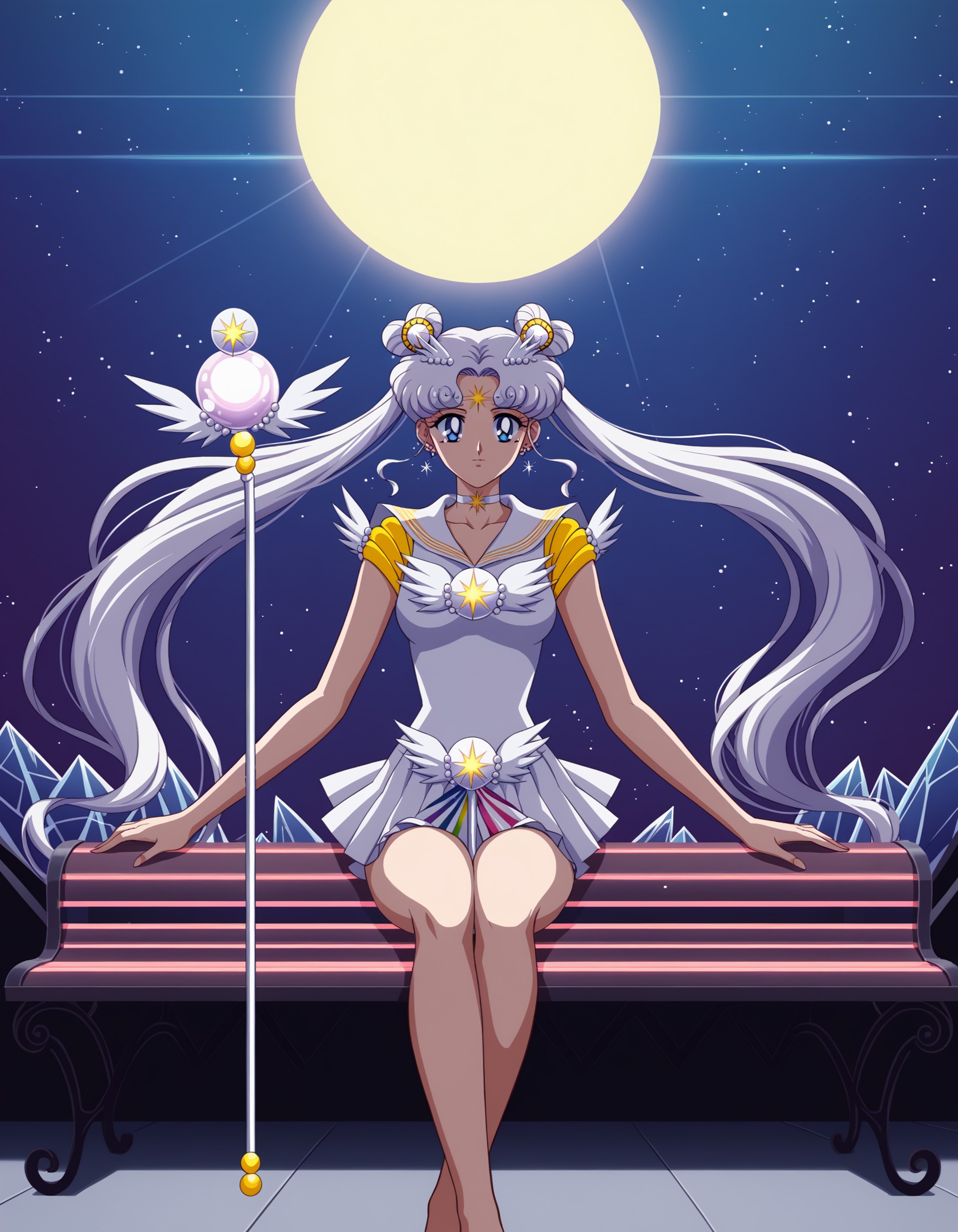Sailor Cosmos, mature female, 1girl, solo, choker, sailor senshi uniform, jewelry, double bun, long hair, white choker, sailor collar, blue eyes, hair bun, twintails, magical girl, white sailor collar, moon, earrings, full moon, facial mark, hair ornament, staff, white hair, forehead mark, sitting, bench, crystal, crescent, outdoors, galaxy,<lora:SailorCosmosPnyXL:0.8>  DskOtrn_PnyXL