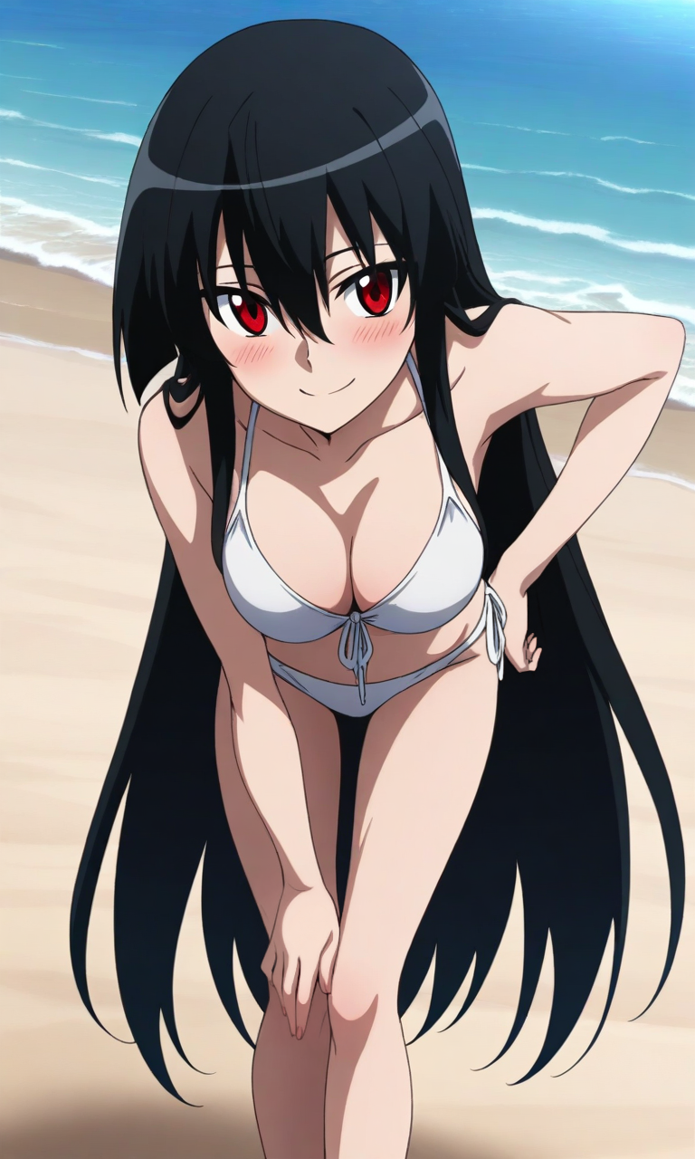 masterpiece, best quality, high resolution, absurdres, 1girl, akame, red_eyes, black_hair, very_long_hair, hair_between_eyes, medium_breasts, beach, water, white_bikini, looking_at_viewer, cleavage, leaning_forward, hand_on_own_hip, blush, smile,