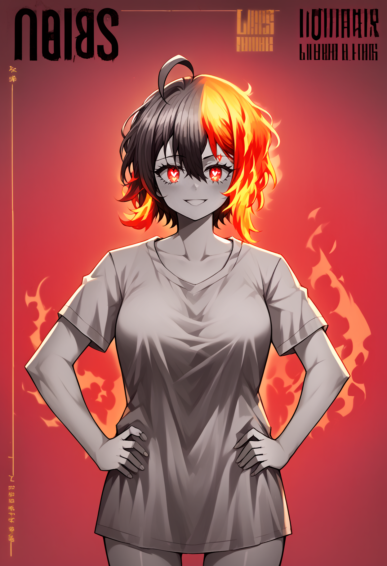 score_9, score_7_up,  source_anime, uncensored, zPDXLxxx, vector trace, flat color, minimalist, limited palette, high contrast,  <lora:intricate_details:0.5> intricate_details_xl, <lora:ProjectMoon_Style_v1.1:1.5> PM Style, emotionally charged, fiery background, group profile, pectoral focus, aqueduct, night
1girl, solo, li, large breasts, multicolored hair, flattop, sidelocks, huge ahoge, very short hair, heart eyes, looking at viewer, Nightshirt, hands on hips, raised eyebrow,