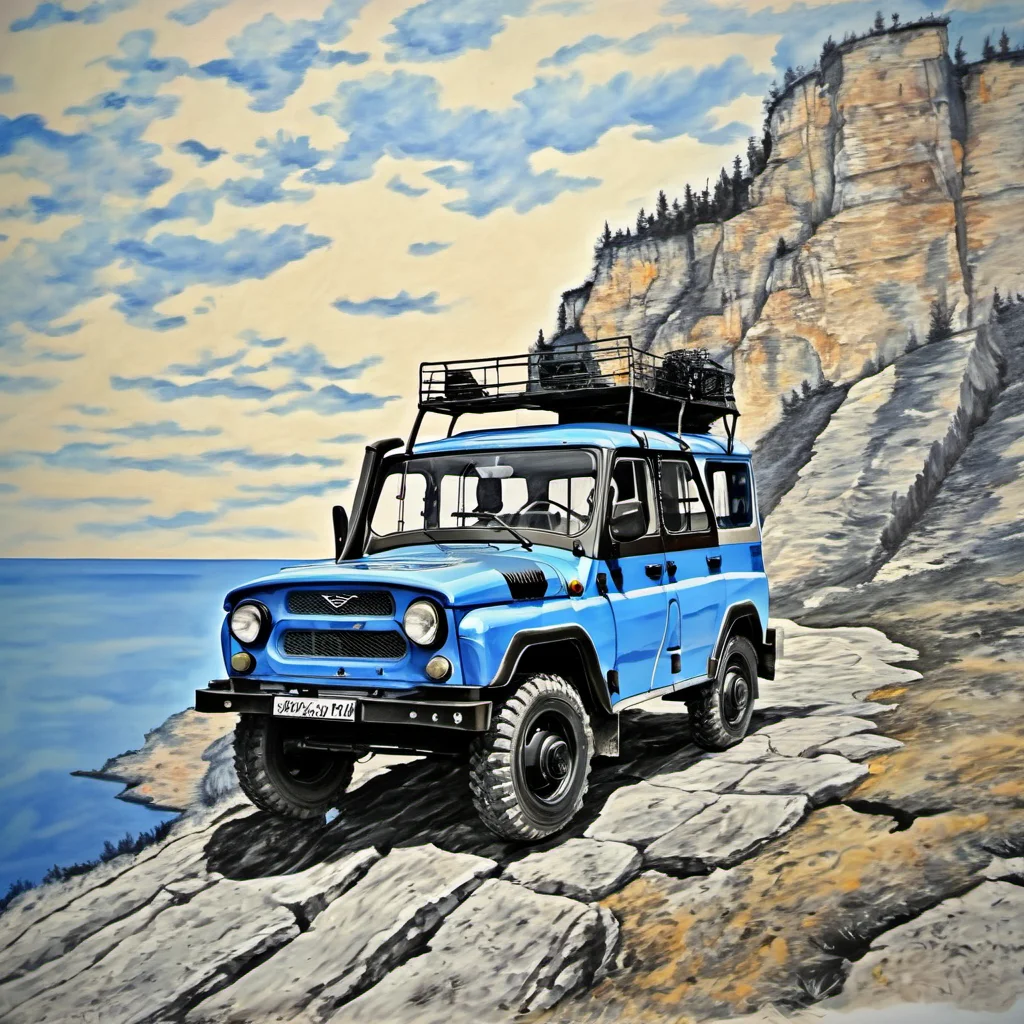 a painting of blue uaz_hunter on cliff in comics style <lora:uaz_hunter:1>