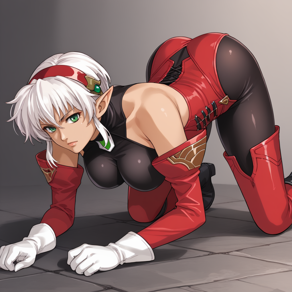 1girl, solo, on all fours  <lora:DominiaXLpony:1> Dominia, green eyes, white hair, short hair, hairband, pointy ears, dark skin, large breasts, bare shoulders, red sleeves, white gloves, black bodysuit, red corset, red thighhighs, boots,