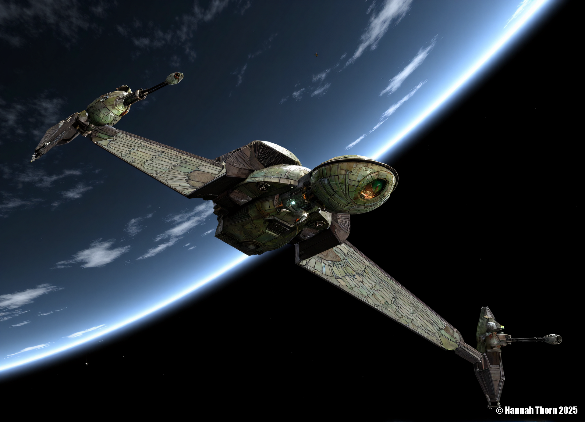 Klingon bird-of-prey, A highly detailed, realistic CGI image of a futuristic spaceship flying over a planet, with the Earth visible in the background. The spaceship has a sleek, metallic design with a metallic sheen, and its wings are spread wide as it soars through the sky. The sky is a deep, dark blue, with a few clouds scattered across it. The Earth is a bright, blue-green color with a smooth, reflective surface. The perspective is from below, looking up at the spaceship. The image has a high level of detail and realism.<lora:_Flux\Klingon_Bird_of_Prey.safetensors:1.0:1.0>