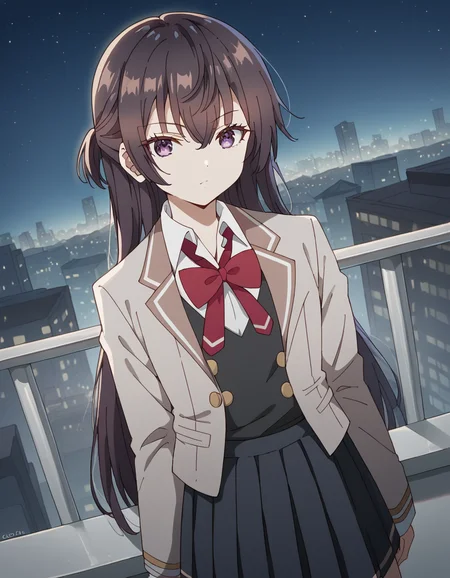 score_9, score_8_up, score_7_up, source_anime, <lora:yuki-suou-s1-ponyxl-lora-nochekaiser:1>, yuki suou, long hair, bangs, brown hair, black hair, hair between eyes, purple eyes, half updo,, shirt, bow, school uniform, jacket, white shirt, collared shirt, bowtie, red bow, blazer, red bowtie, black skirt, pleated skirt,, city skyline, rooftop view, night time, city lights, quiet reflection, , looking at viewer, undefined, solo,, cowboy shot, dutch angle