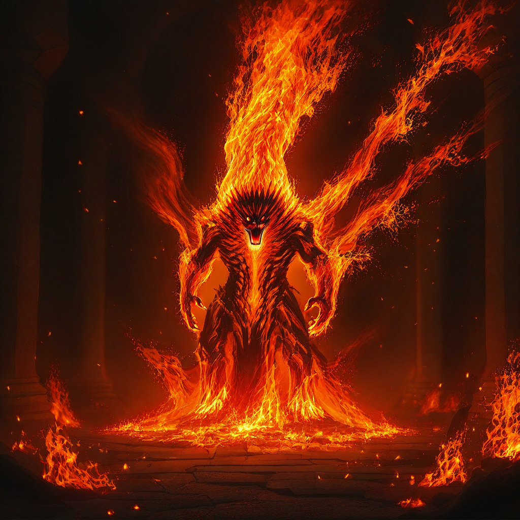 roaring pillar of flames, orange and red fire, glowing embers, sparks flying, dark smoky environment, highly detailed, cinematic lighting, fantasy art style