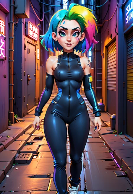<lora:InfiniteTina:.6> A 25-year-old InfiniteTina with rainbow hair evading capture in a neon-lit cyberpunk alleyway while dressed in a skintight blue jumpsuit.