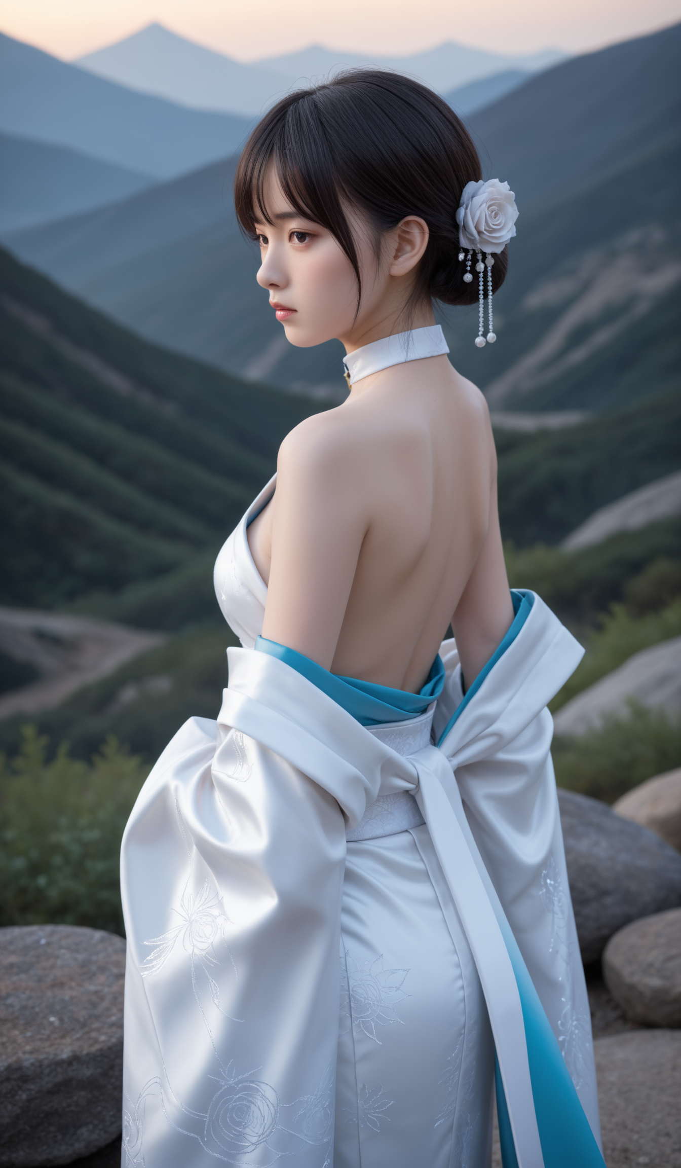 score_9,score_8_up,score_7_up,source_realistic,rating_explicit,underwear,panty,presenting,delicate and whimsical ambiance,Indoor},(from side|from front|from back),film aesthetic,,messy long hair with bangs, asian,fantasy,dreamlike,unreal,science fiction,ethereal,lifelike rendering, immersive atmosphere,
(tsubaki \(blue archive\), blue archive),
(dynamic angle,dynamic pose),shine,glowing,sparkling,energy coalescing and vibrating,upper_body,standing,Elegant,sad,dazzler, flowes,
wearing kimono,cleavage,exposed,
(open back,,Choker,,Coin Pockets,,Train,,Bow Accents,,Back Darts),(radiant flawless onyx, star cut, rose cut facets, 15.00 carat, sparkling,    luminous, mixed metals, rock-hard, prolonged lifespan, stabilization, flush setting, conflict-free, one-of-a-kind, artisanal, baroque, religious symbols),(archipelago, mountain ecosystem,planet),
