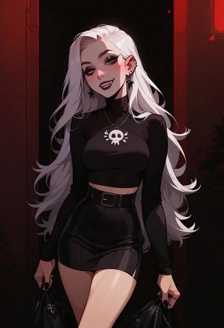 score_9, score_8_up, score_7_up, score_6_up, pretty woman, 21 year old, 1girl, very pale skin, white skin, goth girl, emo, eyeliner, eyeshadow, white hair, long hair, straight hair, happy, smile, pretty face, long hair, long sleeves, shirt, skirt, sexy pose, public, downtown city