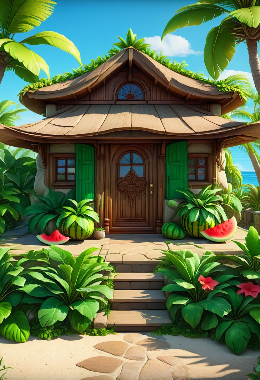4k resolution,  intricately detailed,  trending on artstation,  ((best quality)),  ((highly detailed)),  masterpiece,  Delfino_Plaza,  detailed small house,  small island,  detailed dock,  detailed leaves on roof,  detailed wooden door,  big watermelon,  palm tree
