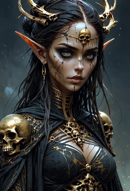 cute, gorgeous necromancer female Aerenal Elf, gold and black robes, skull painted onto her face, face paint, skull face paint, graveyard, perfect anatomy, approaching perfection, dynamic, highly detailed, smooth, sharp focus, art by Carne Griffiths and Wadim Kashin, trending on artstation, sharp focus, intricate details, highly detailed, by greg rutkowski, mysterious, epic, cinematic, digital art, 4k, <lora:EpicF4nta5yXL:0.8>
