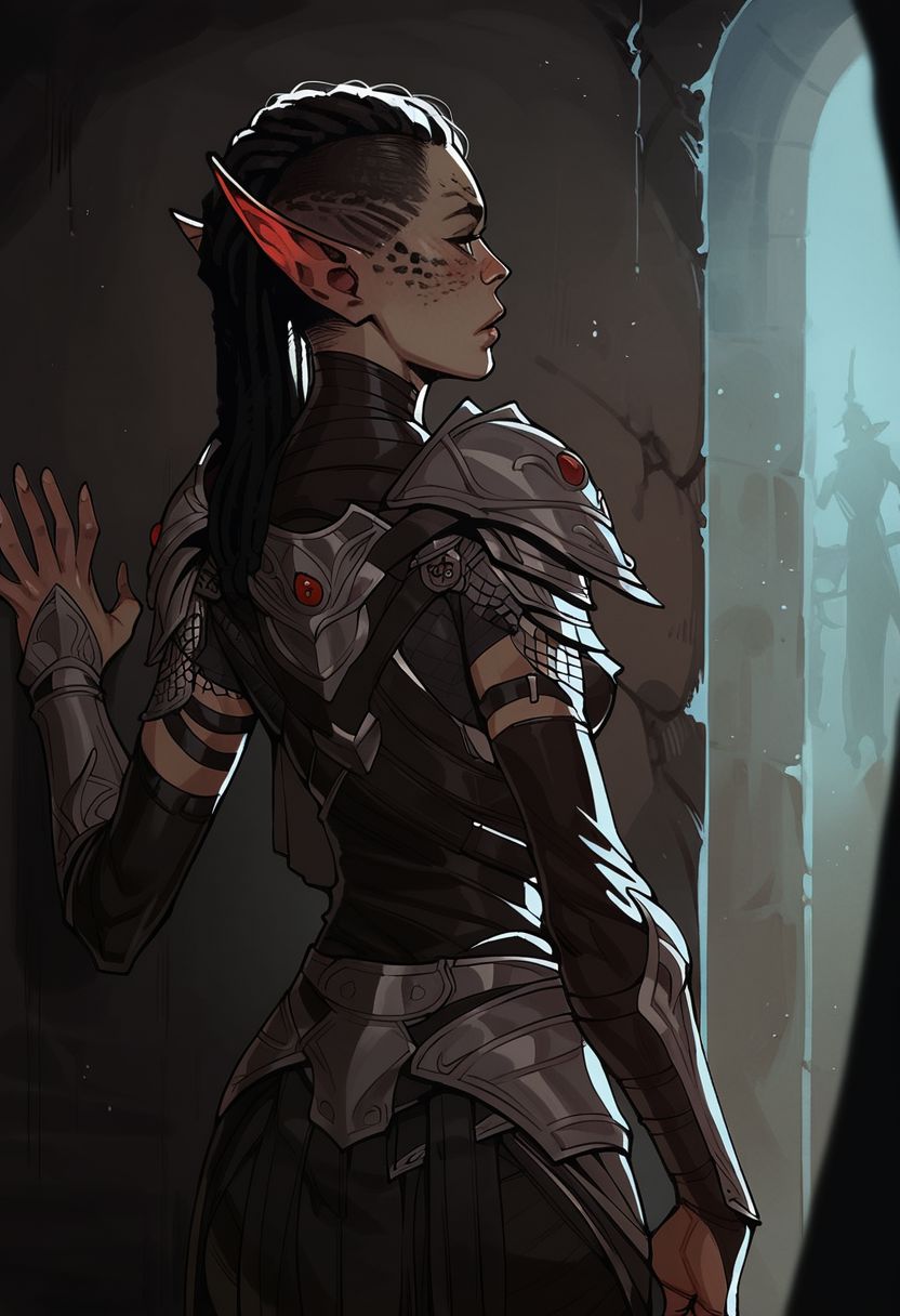 score_9, score_8_up,score_7_up, score_6_up, score_5_up, score_4_up,score_9, score_8_up, score_7_up, 
1girl, gith, char_grakara, pointy ears, black hair, undercut dreadlocks, lips, small breasts, dark gith armor, cowboy shot, <lora:IncaseLycoXL:0.95> in a dark dungeon, red rim lighting, back against wall, looking around a corner down a dark hallway, facing the camera, looking away from camera,