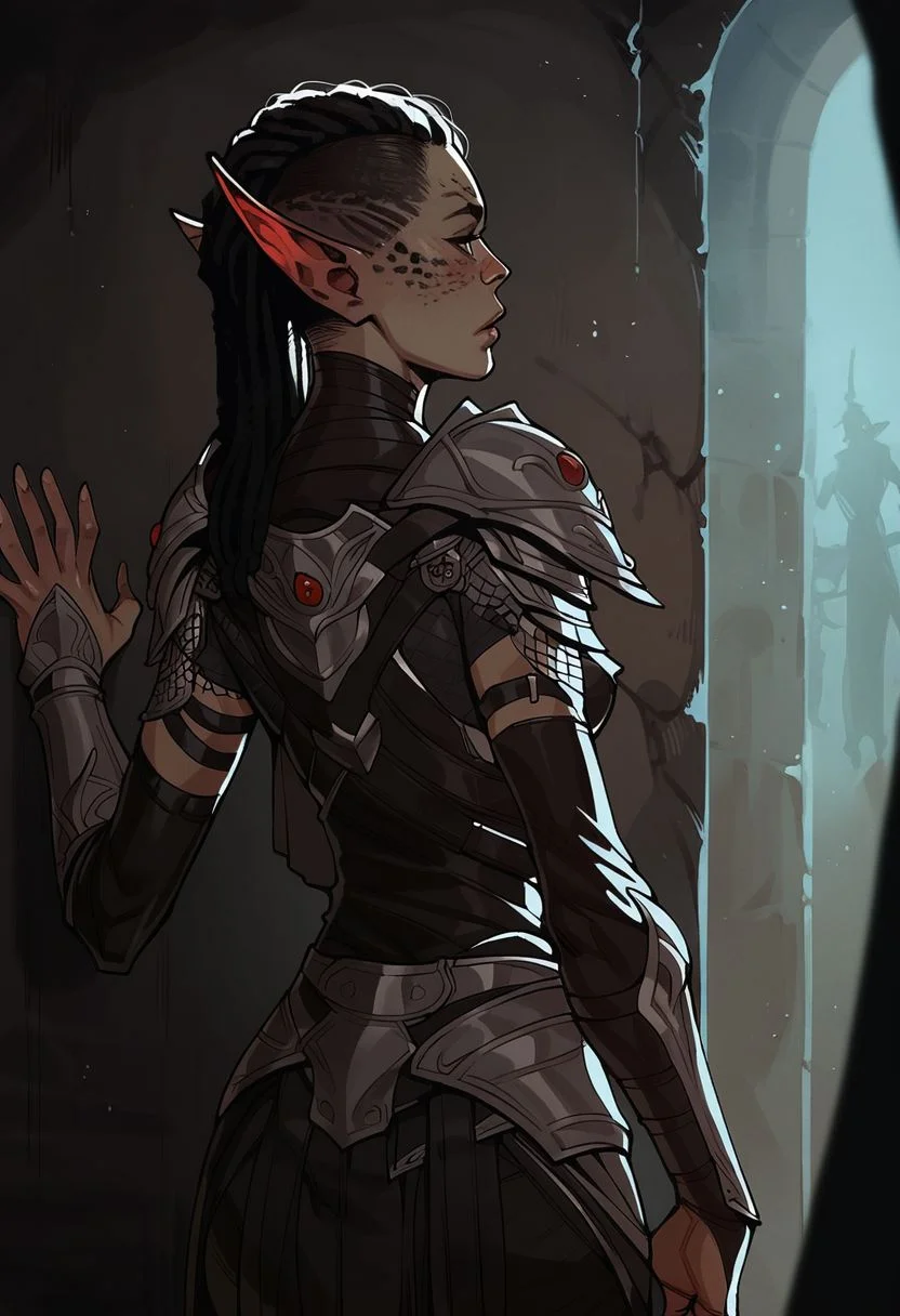 score_9, score_8_up,score_7_up, score_6_up, score_5_up, score_4_up,score_9, score_8_up, score_7_up,
1girl, gith, char_grakara, pointy ears, black hair, undercut dreadlocks, lips, small breasts, dark gith armor, cowboy shot, <lora:IncaseLycoXL:0.95> in a dark dungeon, red rim lighting, back against wall, looking around a corner down a dark hallway, facing the camera, looking away from camera,