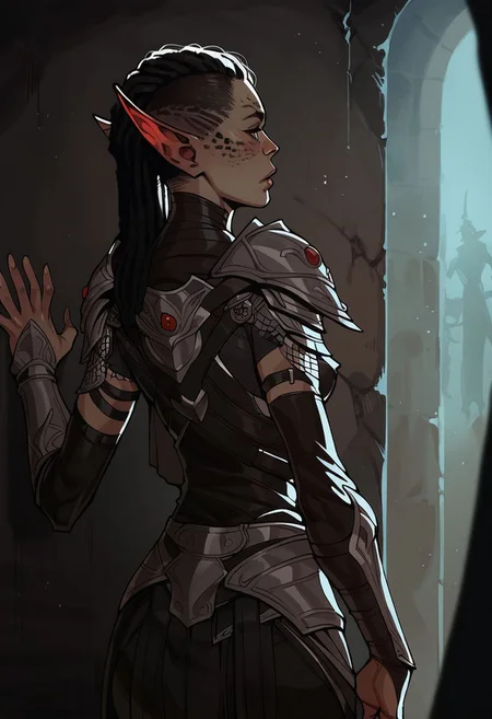 score_9, score_8_up,score_7_up, score_6_up, score_5_up, score_4_up,score_9, score_8_up, score_7_up,
1girl, gith, char_grakara, pointy ears, black hair, undercut dreadlocks, lips, small breasts, dark gith armor, cowboy shot, <lora:IncaseLycoXL:0.95> in a dark dungeon, red rim lighting, back against wall, looking around a corner down a dark hallway, facing the camera, looking away from camera,
