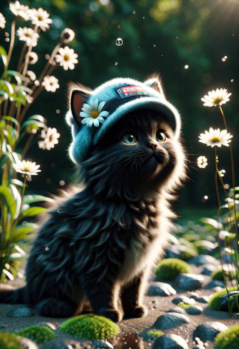 ral-fluff,<lora:ral-fluff:1>,
chibi,masterpiece,best quality,original,official art,black metallic cat,hat,flower,blurred background,rendering,beautiful detailed glow,(detailed ice),beautiful detailed water,sun