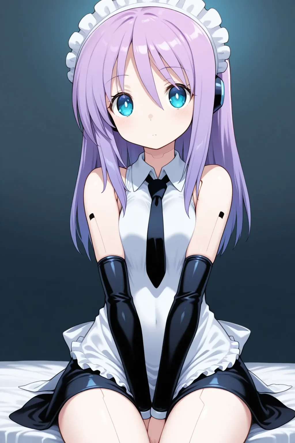 <lora:pugyuru_espel:1>masterpiece, best quality, pugyuru_espel, 1girl, solo, maid, detached sleeves, necktie, android, purple hair, bule eyes, looking at viewer, cowboy shot, sitting
