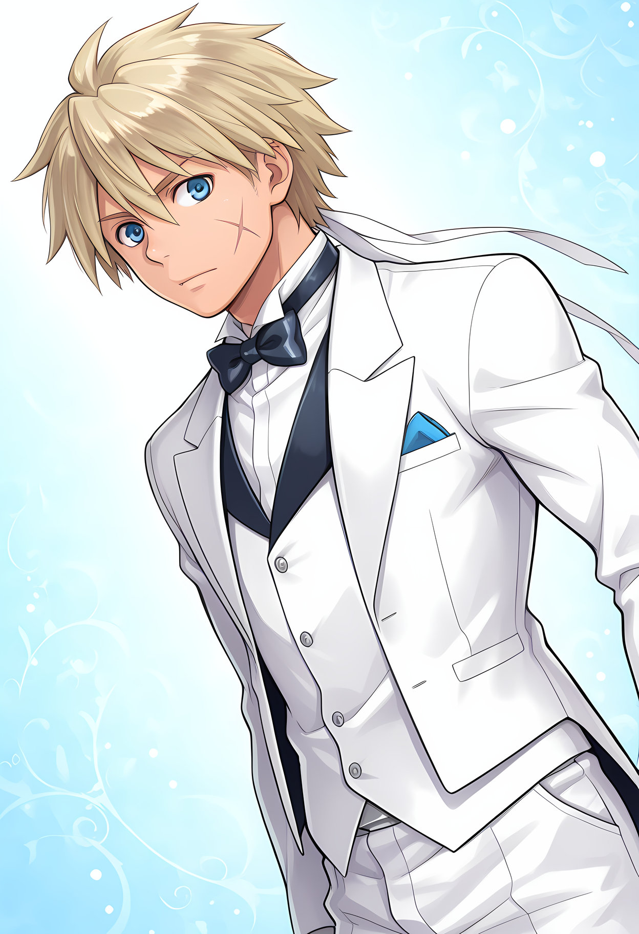 masterpiece, best quality, amazing quality, dutch angle, abstract background, BREAK
1boy, solo, male focus, cc_glenn, blonde hair, blue eyes, scar, tuxedo, bow tie, formal, BREAK
<lora:cfg_scale_boost:.6>  <lora:Glenn_-_Chrono_Cross_-_ILXL:1>
