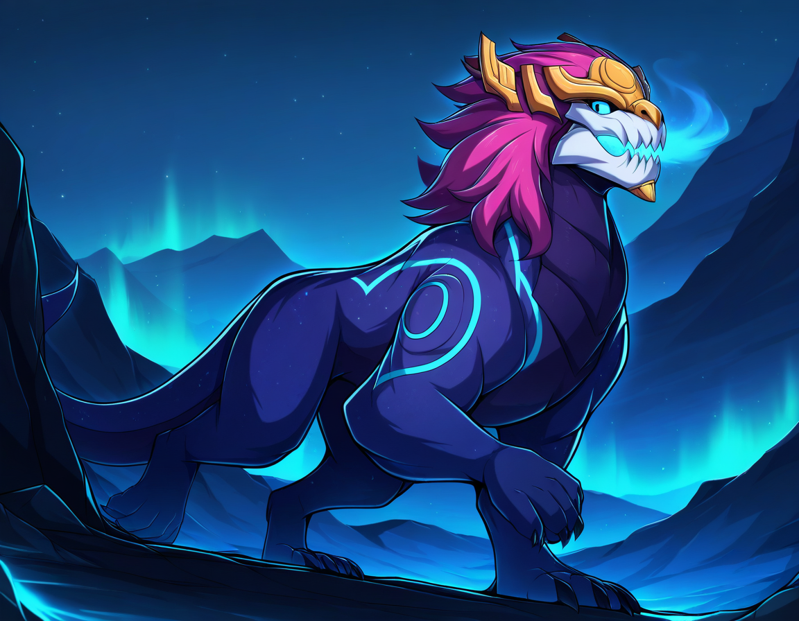 solo, wingless dragon, feral, quadruped, athletic male, aurelion sol \(lol\), walking, 4 fingers, 3 toes, blue eyes, looking at viewer, (breath powers), aurora breathing, aurora \(phenomenon\), [tail, claws, blue sclera, short hair], mountain, detailed face, detailed eyes, night, three-quarter view, [kemono, by drks], (masterpiece, best quality, very aesthetic, amazing quality), absurdres, highres