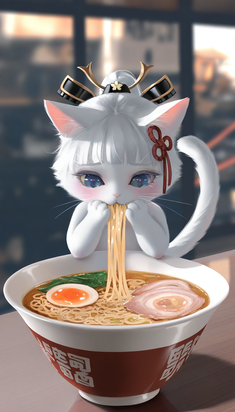 (masterpiece, best quality), amazing quality, very aesthetic, absurdres, highres, newest, HDR, 8K, high detail RAW color art, intricate details, high contrast, photo background, photo-referenced, detailed background, beautiful detailed, beautiful face, blight face, intricate eyes, large pupil, eyelashes, brilliant skin, shiny skin,
1girl, solo, (kedama milk:0.907), (wlop, reoen) ,(As109:0.7835), (white cat:1.2763), (chibi:0.7835), (kamisato ayaka \(genshin\) cosplay:0.7835),no humans, hair ornament, furry, shy, nude, eating ramen,