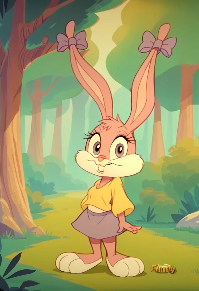 (source_furry, source_cartoon,  score_9, score_8_up, score_7_up:1), solo female, screencap, (chibi:0.5), bunny, bows, shirt, skirt, pink fur, looking at viewer, smile, outdoors, forest