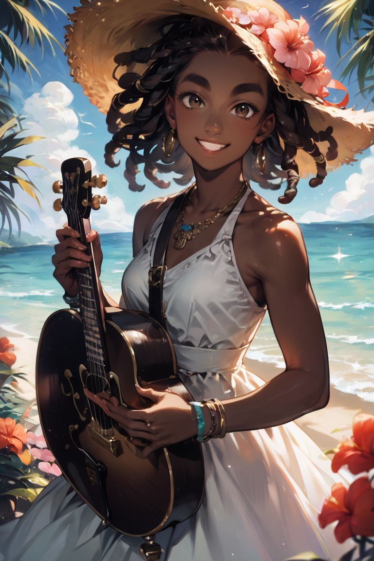score_9, score_8_up, score_7_up, score_6_up, score_5_up, score_4_up, 1girl, jewelry, beach, dark skin, instrument, solo, hat, outdoors, brown hair, hair ornament, smile, dark-skinned female, flower, brown eyes, dreadlocks, palm tree, necklace, day, earrings, hair flower, dress, tree, lips, guitar, ocean, breasts, straw hat, braid, looking at viewer, sky, playing instrument, curly hair, very dark skin, music, sundress, nose, holding instrument, cloud, small breasts, grin, sleeveless, pink flower, upper body, sun hat, sand, holding, fingernails, blue sky, thick eyebrows, acoustic guitar, white dress, sleeveless dress, teeth, water, hibiscus <lora:Anime Summer Days Style SDXL_LoRA_Pony Diffusion V6 XL:1>