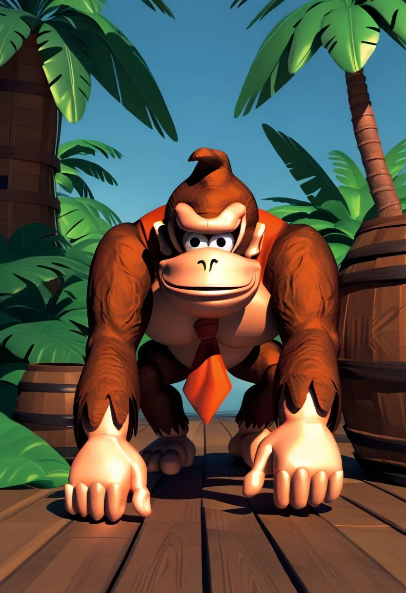 (source_furry, source_cartoon, score_9, score_8_up, score_7_up:1), solo male, donkey kong, kong, all fours, looking at viewer, smile, thumbs up, outdoors, jungle, 3d, barrel