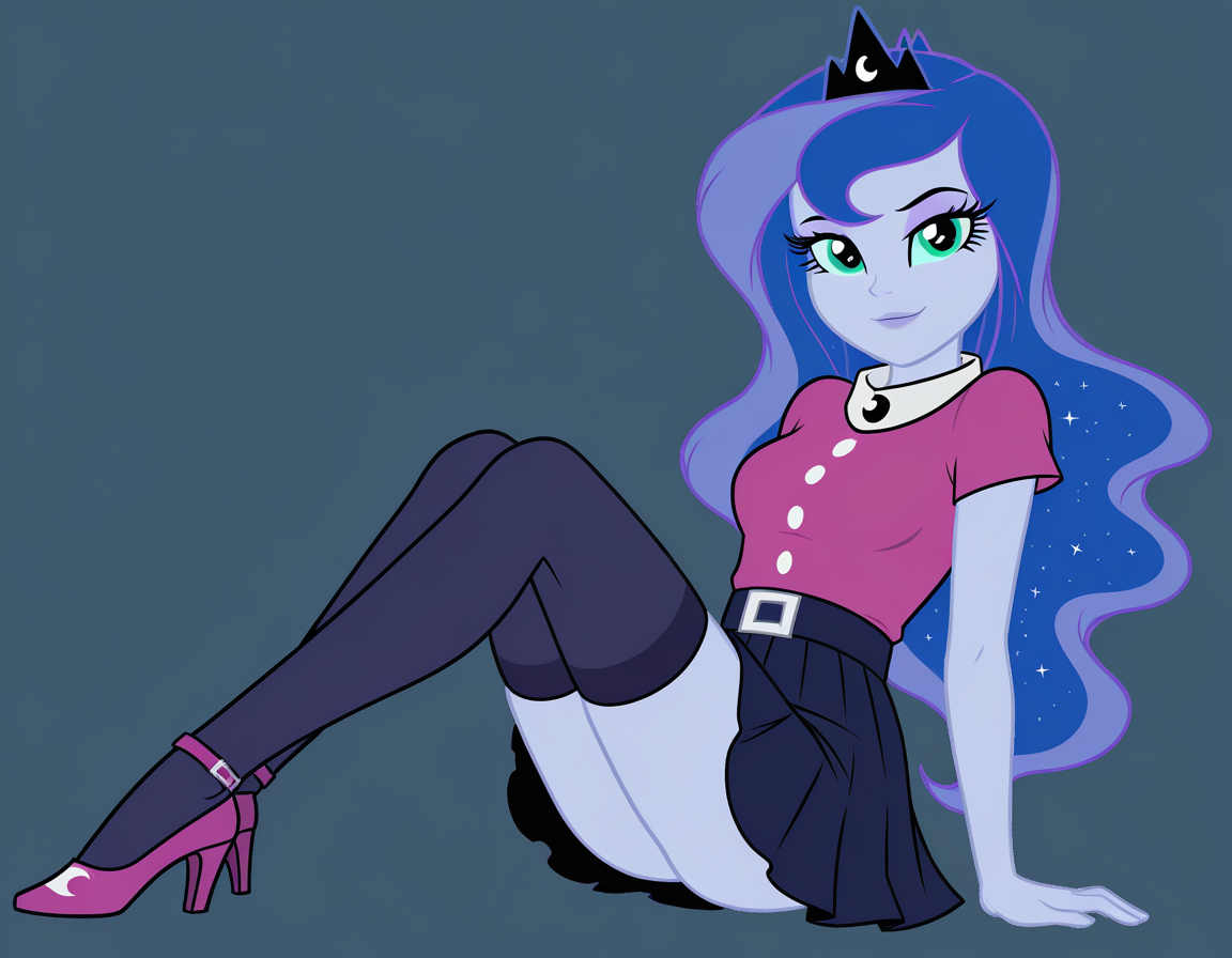resolution, masterpiece, high resolution, (SOLO: 1.2) , Equestria Girls wild, detailed background, costs
 <lora:Princess_Luna:1>Princess Luna female, solo, alpha channel, human, clothing, simple background, mammal, hair, digital media (artwork), transparent background, legwear, skirt, clothed, blue eyes, bottomwear, stockings, crown, smile, blue hair, looking at viewer, blue body, two tone hair, blue skin, humanoid, footwear, multicolored hair, headgear