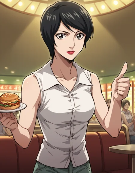 score_9, score_8_up, score_7_up, source_anime, <lora:takada-kiyomi-anime-ponyxl-lora-nochekaiser:1>, takada kiyomi, short hair, black hair, black eyes, lipstick, medium breasts,, shirt, sleeveless, pants, sleeveless shirt, collarbone,, restaurant, laughter, good food, warm lighting, celebration, , , hand showing a thumbs down, solo,, cowboy shot, dutch angle