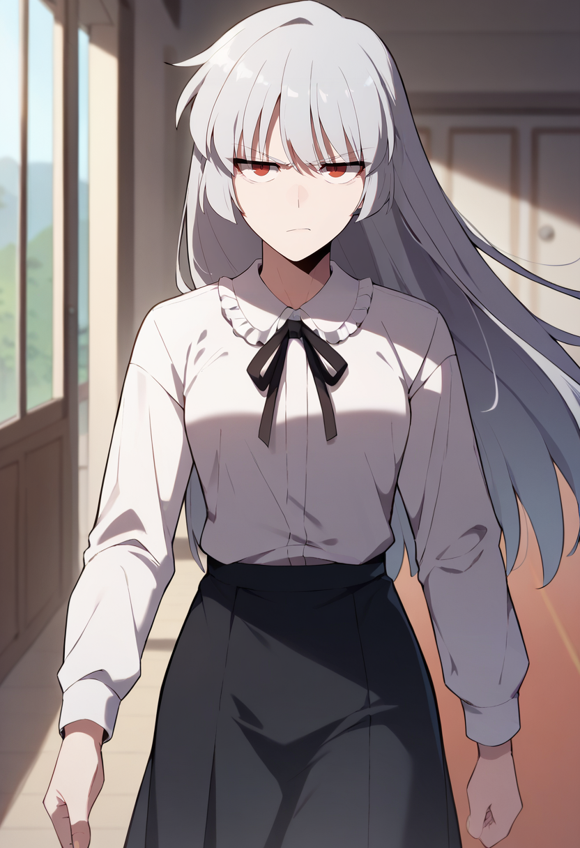 score_9, score_8_up, score_7_up,
<lora:SoloMaxLevelNewbie_AliceXL:0.8>, AliceSMLN,
1girl, solo, closed mouth, annoyed,
grey hair, long hair, red eyes,
AliceNice, white shirt, frilled collar, black ribbon, black skirt, 
walking, looking at the viewer,
indoors, blurry background