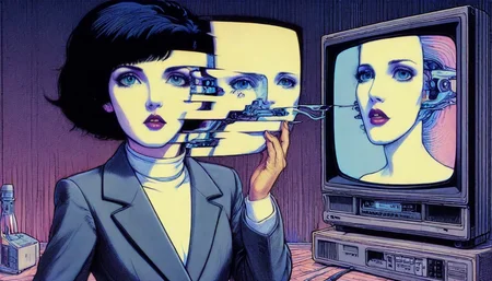 patrick nagel painting of a squishy scifi lizard skin old fashion television, surrounded by soft opalescent membranes, antenna with large expressive eyes <lora:lcm-lora-sdxl:1> <lora:InkArtXL_1.2:1>  <lora:That_Special_Face:1>
