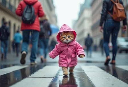 cute little kitten in a pink raincoat forgot to turn off the iron, rushing home, other people around, rain, hyper-detailed, vivid colors, high res, hyper-detailed, ultra-sharp, professional photo