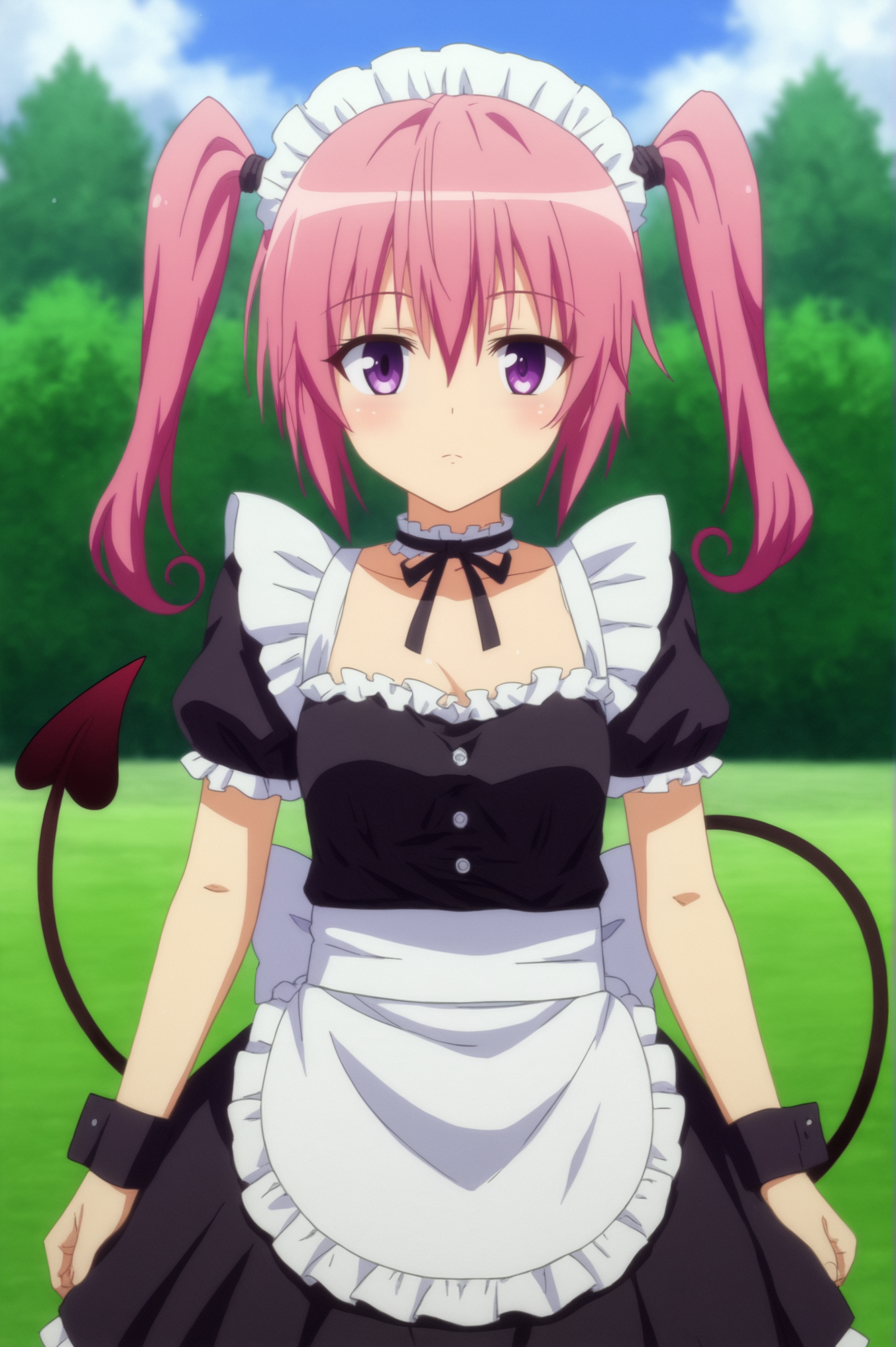 <lora:Nana_Astar_Deviluke:0.7>, Nana Astar Deviluke, 1girl, solo, looking_at_viewer, tail, outdoors, choker, apron, wrist_cuffs, maid, maid_headdress, demon_tail <lora:sdxl_lightning_4step_lora:1>
